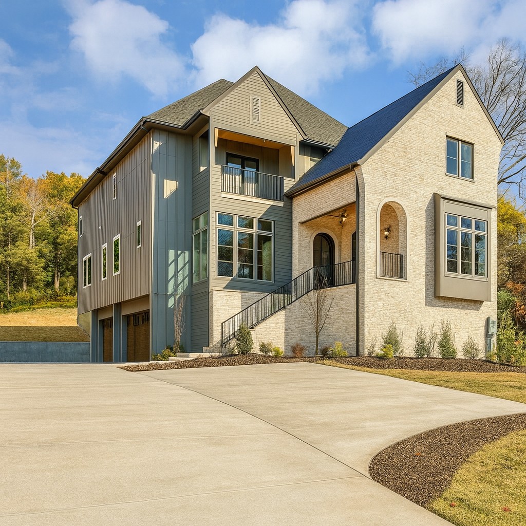 Modern two-story house with large windows and a spacious driveway.